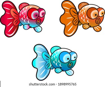 Three cute fish, orange blue and red blue, chef fish with convex or prominent eyes, ornamental fish, hockey fish, cartoon characters, suitable for printing on cloth or paper etc.
