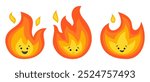 Three cute flame characters with happy faces in various expressions and poses. Ideal for kids themes, fire safety education, animations, and playful designs. Bright and cheerful style