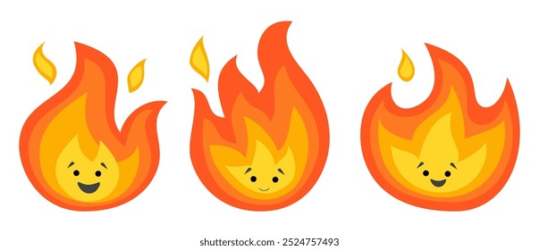 Three cute flame characters with happy faces in various expressions and poses. Ideal for kids themes, fire safety education, animations, and playful designs. Bright and cheerful style