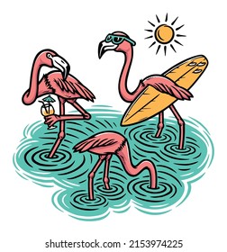 Three cute flamingos on the beach