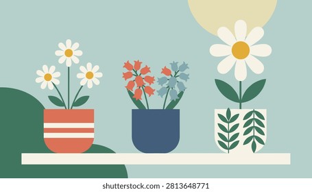 Three cute flower pots containing daisies and bluebells arranged on a shelf against a sunny blue background, vector.