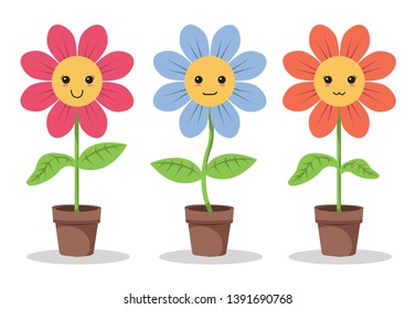 Three Cute flowers set. Funny smiley for your design. beautiful cartoon characters.