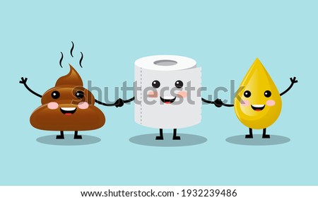 three cute friends smiling and waving their hands turd, a drop of urine and toilet paper 
