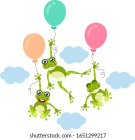 Three cute frogs flying holding balloons in sky with clouds
