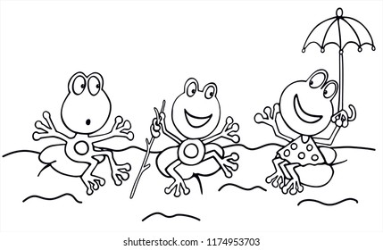 Three cute frogs on a leaves in the lake. Cartoon. Black and white vector for card or gift.