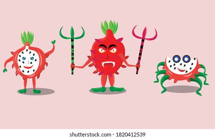 three cute fruit characters. Dragon fruit cartoon asset for children's learning.