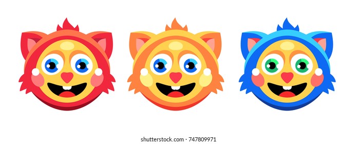 Three cute funny cartoon happy cats faces. Flat, vector illustration, isolated. Red, yellow and blue