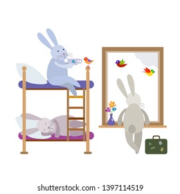 Three cute funny cartoon hares travelers relax in the hostel