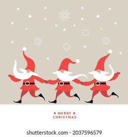 Three cute funny Gnomes . Christmas greeting card. Happy New Year. Merry Christmas. Seasons Greetings.