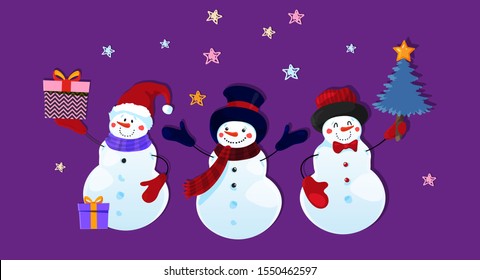 Three cute funny snowman characters in hat mittens with gifts and Christmas tree. Children s Christmas paper application on a purple background with stars. Cartoon design. Flat vector illustration.