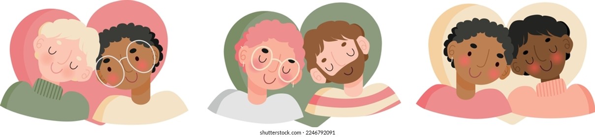 Three cute gay couple, vector illustrations, boys in love, valentine day