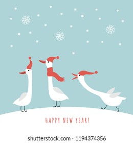 Three cute geese in red hats and scarves in winter, vector illustration, christmas and new year card