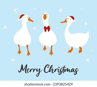 Drei süße Gänse in Rothüten und Bogen im Winter, Vektorgrafik, Weihnachten und neue Jahreskarte