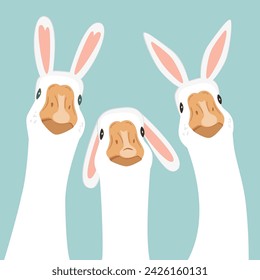 Three cute geese wearing Easter bunny ears. Easter greeting design element. Vector illustration isolated on blue background