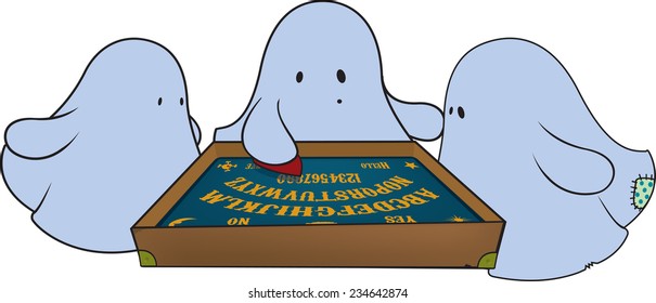 Three cute ghosts around ouija board.fantasy illustration,isolated on white