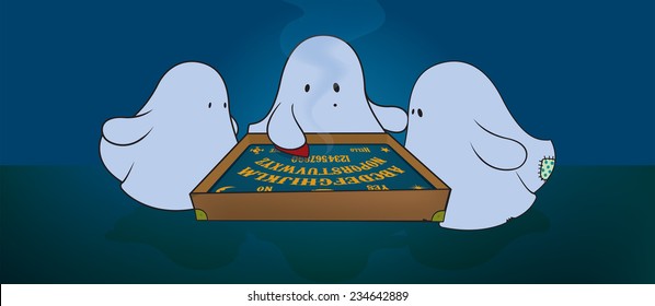 Three cute ghosts around ouija board.fantasy illustration,horizontal orientation 