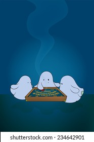 Three cute ghosts around ouija board.fantasy illustration,vertical orientation