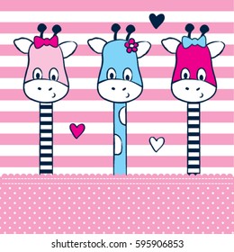 three cute giraffe cartoon on striped background, T-shirt graphics for kids vector illustration