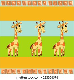 Three cute giraffe on different colors background, vector