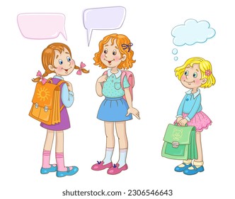 Three cute girlfriends with big school bags stand and talk. Picture in cartoon style with speech bubbles. Place for your text. Isolated on white background. Vector illustration