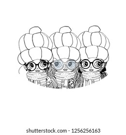 Three cute girlfriends in glasses, hats and scarves /Vector illustration/coloring book/black and white