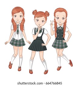 Three cute girlfriends. Set of cute girls with different hairstyles and different stylish school uniform for your design. They smile and showing different signs. Vector isolated on white.