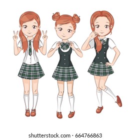 Three cute girlfriends. Set of cute girls with different hairstyles and different stylish school uniform for your design. They smile and showing different signs. Vector isolated on white.