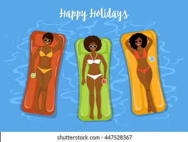 three cute girlfriends sunbathing swimming on inflatable mattresses in the pool top view vector illustration. 