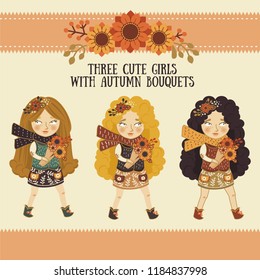 Three cute girls with autumn bouquets. Cartoon characters. Autumn collection. Shirt print design vector.