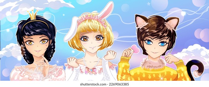 Three cute girls dressed up in cosplay costumes. Cat girl holding valentine, bunny girl and princess. Vector illustration in anime style. svg