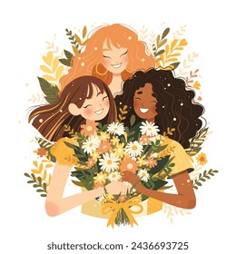 Three cute girls friends with a huge bouquet of flowers. Holiday card in flat vector style.