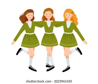 Three cute girls in green dresses are dancing together. Irish dancers isolated on a white background. Vector flat illustration.