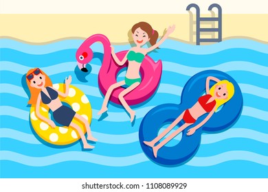 Three cute girls lying on the lifebuoy and holding the hot summer swimming pool party, top view
