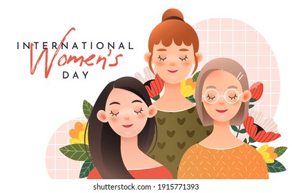 Three cute girls on a white background. Greeting card  for International Women's Day