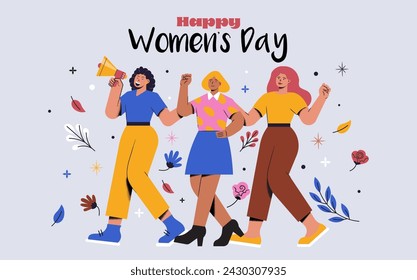 Tres chicas lindas sobre un fondo blanco. Tarjeta de felicitación por el Día Internacional de la Mujer. Ilustración de vector