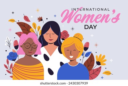 Three cute girls on a white background. Greeting card for International Women's Day. Vector illustration