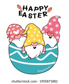 Three Cute Gnome in broken easter egg, Happy Easter cute cartoon doodle vector pastel
