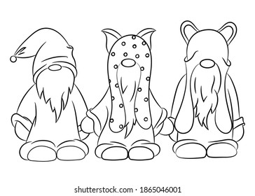 Three cute gnomes in funny hats with ears on a white background. Contour drawing for your creativity.