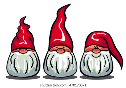 Three cute gnomes with white beards and long red hats. Funny characters for Christmas decorations, greetings cards and other design artworks. Vector clip art.