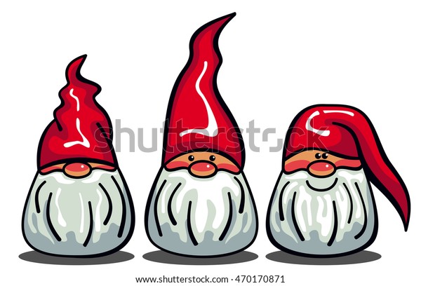 Three cute gnomes with white beards and long red hats. Funny characters