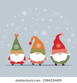 Three cute gnoms with snowflake background. Vector illustration for Christmas celebration concept