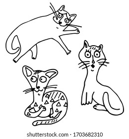 Three cute graphic cats. Line art. White background, isolated. Stock illustration.