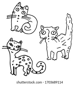 Three cute graphic cats. Line art. White background, isolated. Stock illustration.