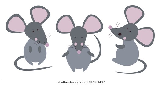 Three cute gray mice on a white background. Vector illustration.