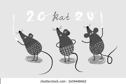 Three cute gray mice. Three rats are writing in chalk on a isolated background.Vector.