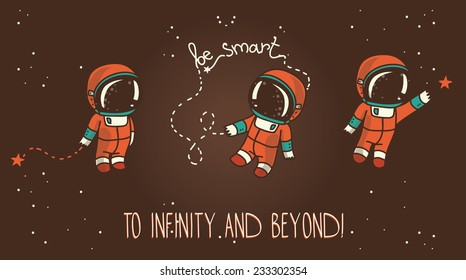 three cute hand drawn astronauts with stars floating in space, cosmic vector illustration