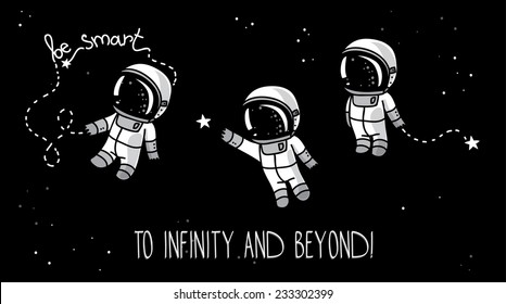 three cute hand drawn astronauts with stars floating in space, cosmic vector illustration
