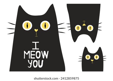 Tres lindos gatos negros dibujados a mano. Ilustración vectorial simple para el diseño de tarjetas y para niños. Concepto de mascotas, amor y concepto familiar. Ilustración vectorial aislada. diferentes tamaños