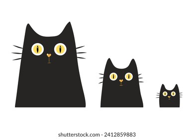 Three cute hand-drawn black cats. Simple vector illustration for card design and for children. Pets concept, love and family concept. Isolated vector illustration. different sizes