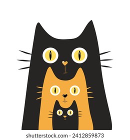 Tres lindos gatos dibujados a mano. Ilustración vectorial simple para el diseño de tarjetas y para niños. Concepto de mascotas, amor y concepto familiar. Ilustración vectorial aislada.